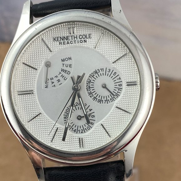 Kenneth Cole Silver Tone Black Leather Quartz Watch - Picture 2 of 10